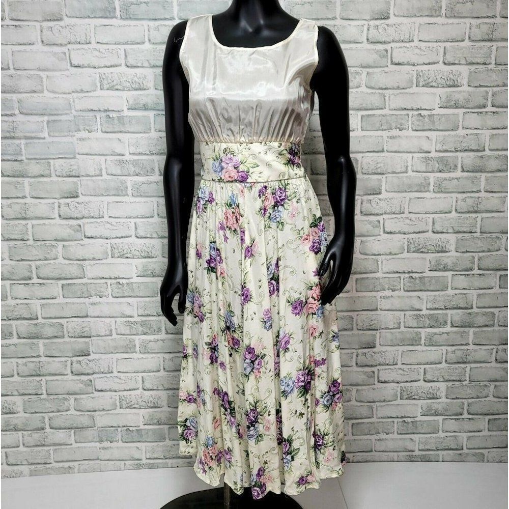 Vintage 80s does 50s Womens S Sheer Rose Floral Midi Day Dress Smocked Waist